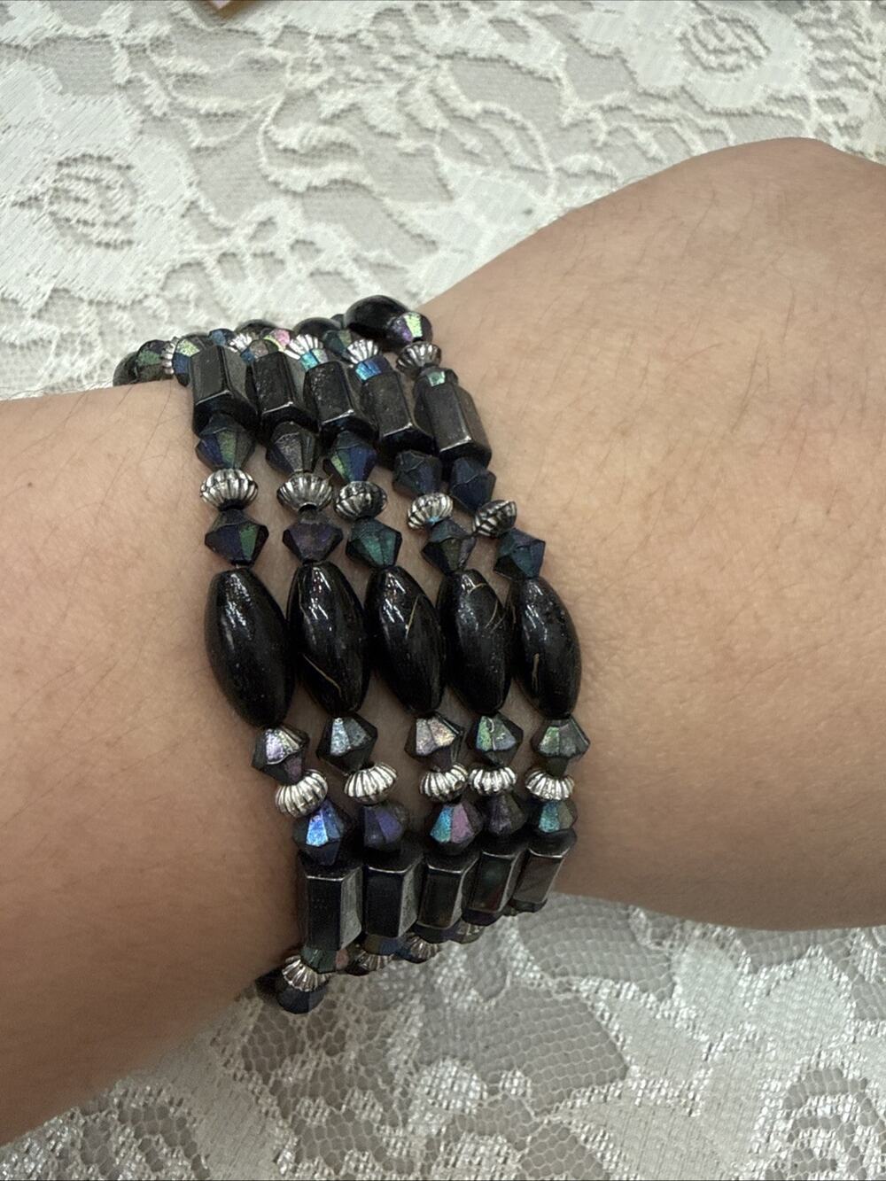Magnetic Black Purple Hematite Beaded Bracelet /Necklace Adjustable